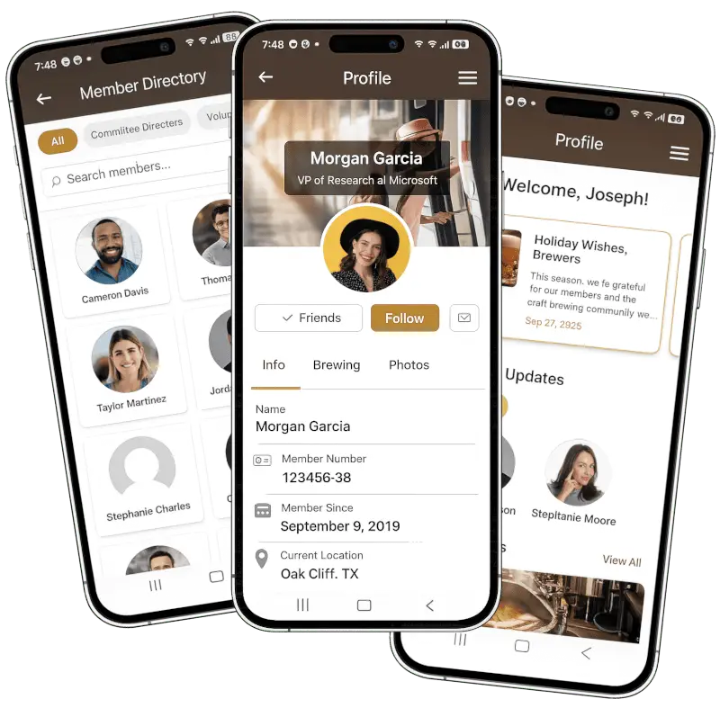 The Kasapi mobile app showing the member directory and member profiles